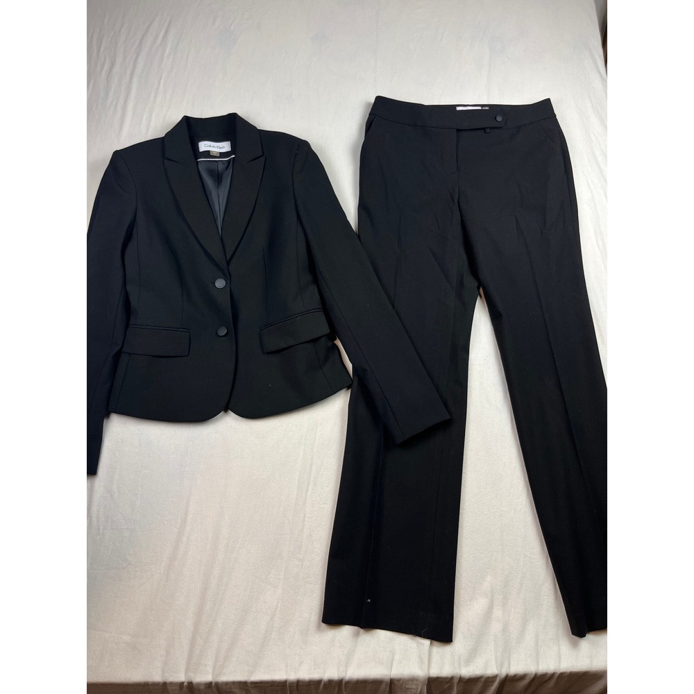 Calvin Klein Womens 2 Piece Pant Suit Black Blazer Trousers Size 2 Professional